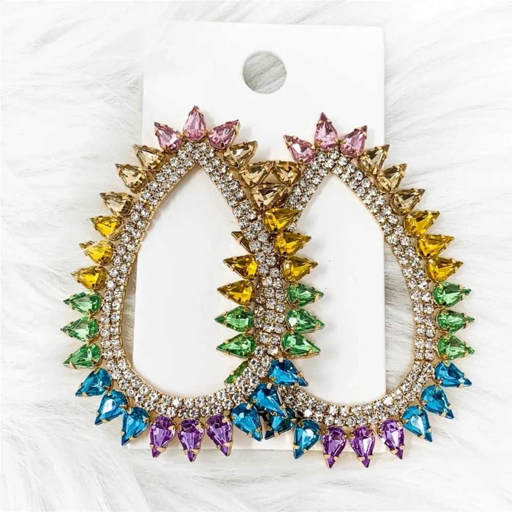 New Express Teardrop Earring rainbow ombre colorful round rhinestone gold - Picture 2 of 5